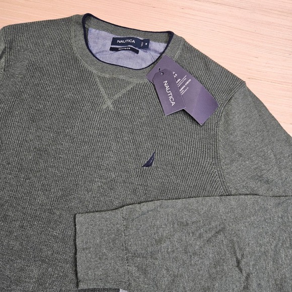 Nautica Other - Nautica Navtech Sweater Mens M Green Pullover Crewneck Ribbed Cotton Blend NEW